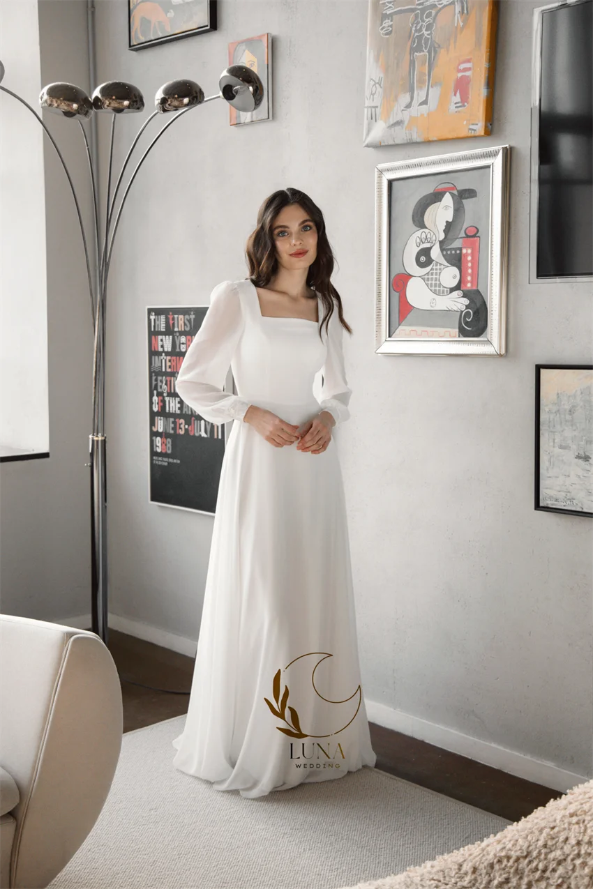 Luna Customized Beach Long Sleeves Wedding Dresses 2026 Simple Square Collar Back Lace Ivory Bridal Gown Vestido De Noiva
