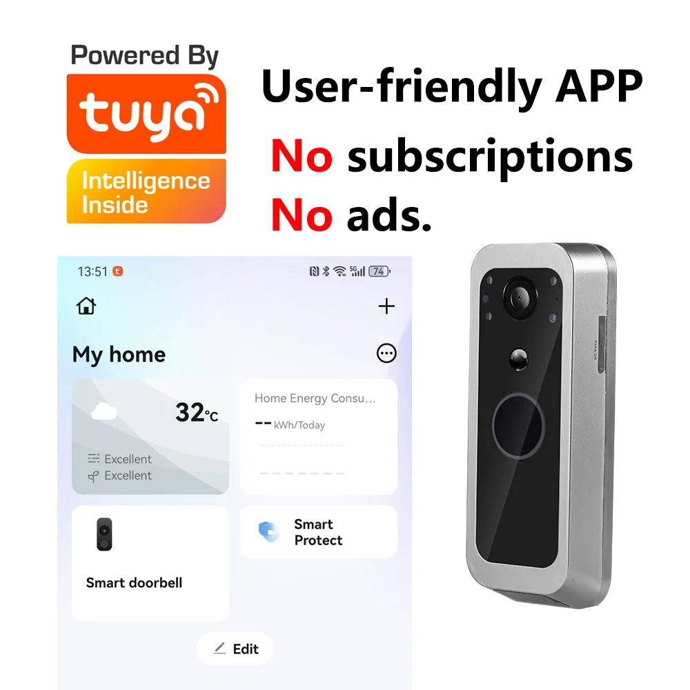 Tuya Wireless Video Doorbell 5'' Sreen Smart Life Intercom Build in Battery- PIR motion 2.4G WiFi, Two-Way Talk, Night Vision