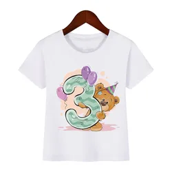 Junge Mädchen Geburtstag Bär Nummer 12 3 4 8 9 Bogen Druck T-Shirts Baby niedlichen Cartoon lustige Rundhals ausschnitt Mädchen T-Shirt beste Geburtstags geschenk