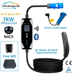 EVcharger4U 7KW NACS Portable EV Charger EVSE 1Phase 32A 5M Tesla Cable Wifi Bluetooth App Control for Model X/Y/3/S Cybertruck