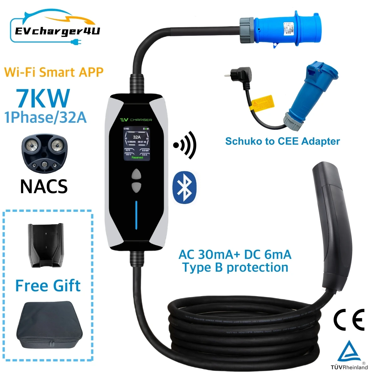 EVcharger4U 7KW NACS Portable EV Charger EVSE 1Phase 32A 5M Tesla Cable Wifi Bluetooth App Control for Model X/Y/3/S