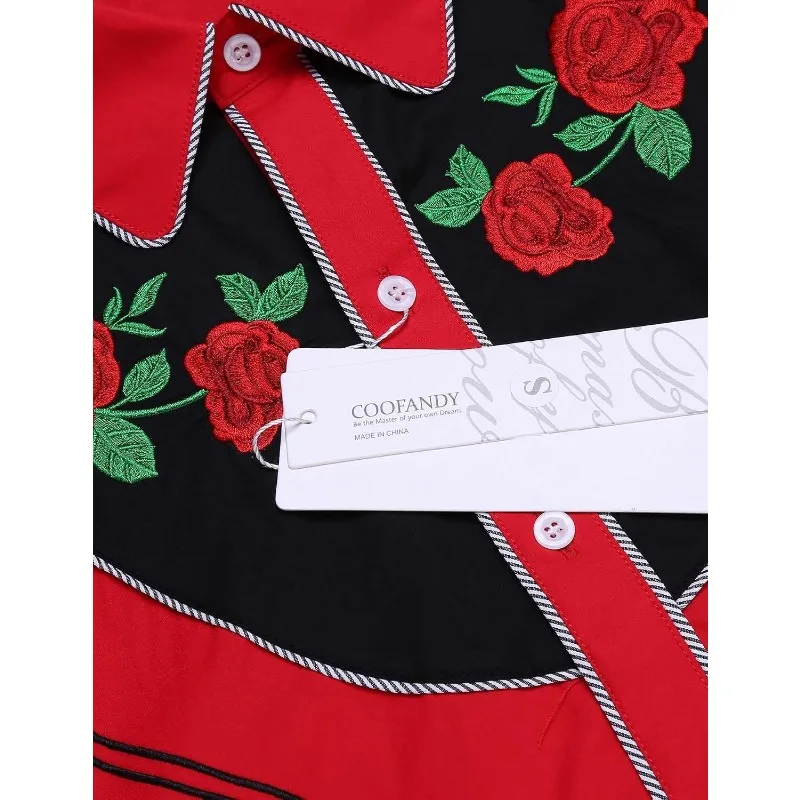 Men's Western Cowboy Shirt Long Sleeve Slim Fit Rose Embroidered Cotton Casual Button Down Shirts Fashion Street Dance Shirt view 6
