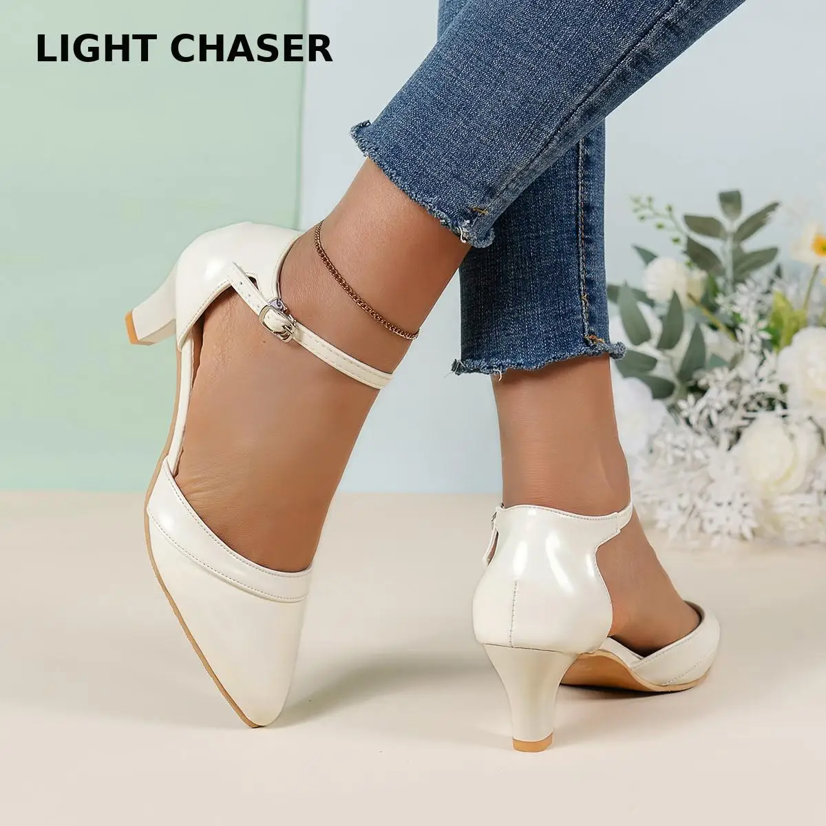 Spring Autumn Pointed Thick Heel Hollow Single Shoes Women's New Summer Bag With A Word Buckle Large Size Women's High Heels