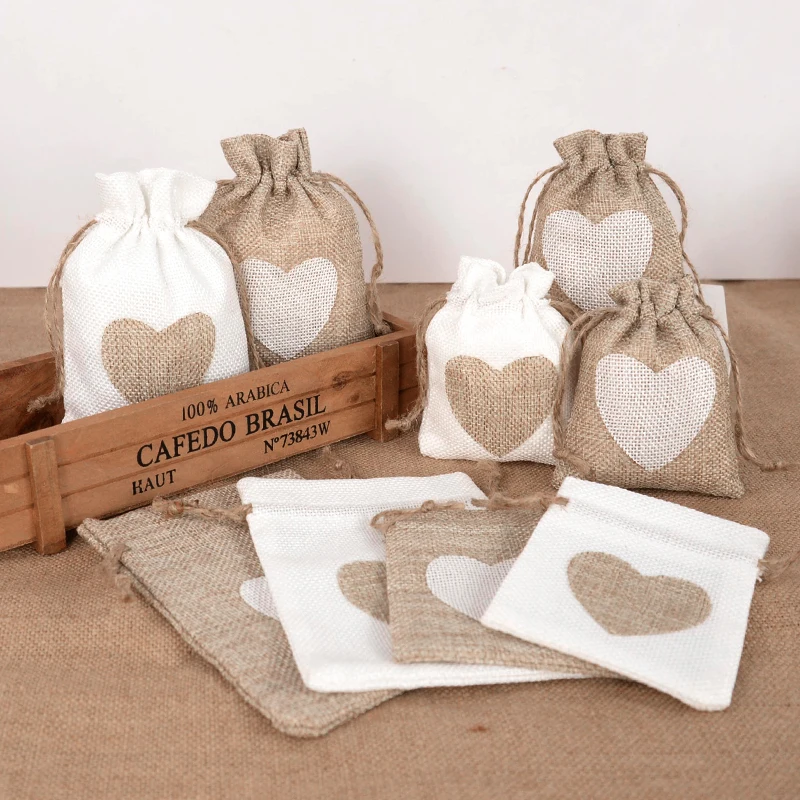 10pcs Heart Shape Jute Burlap Bags With Drawstring Jewelry Small Pouches Christmas Wedding Gift Packaging Pocket Xmas Tree Decor