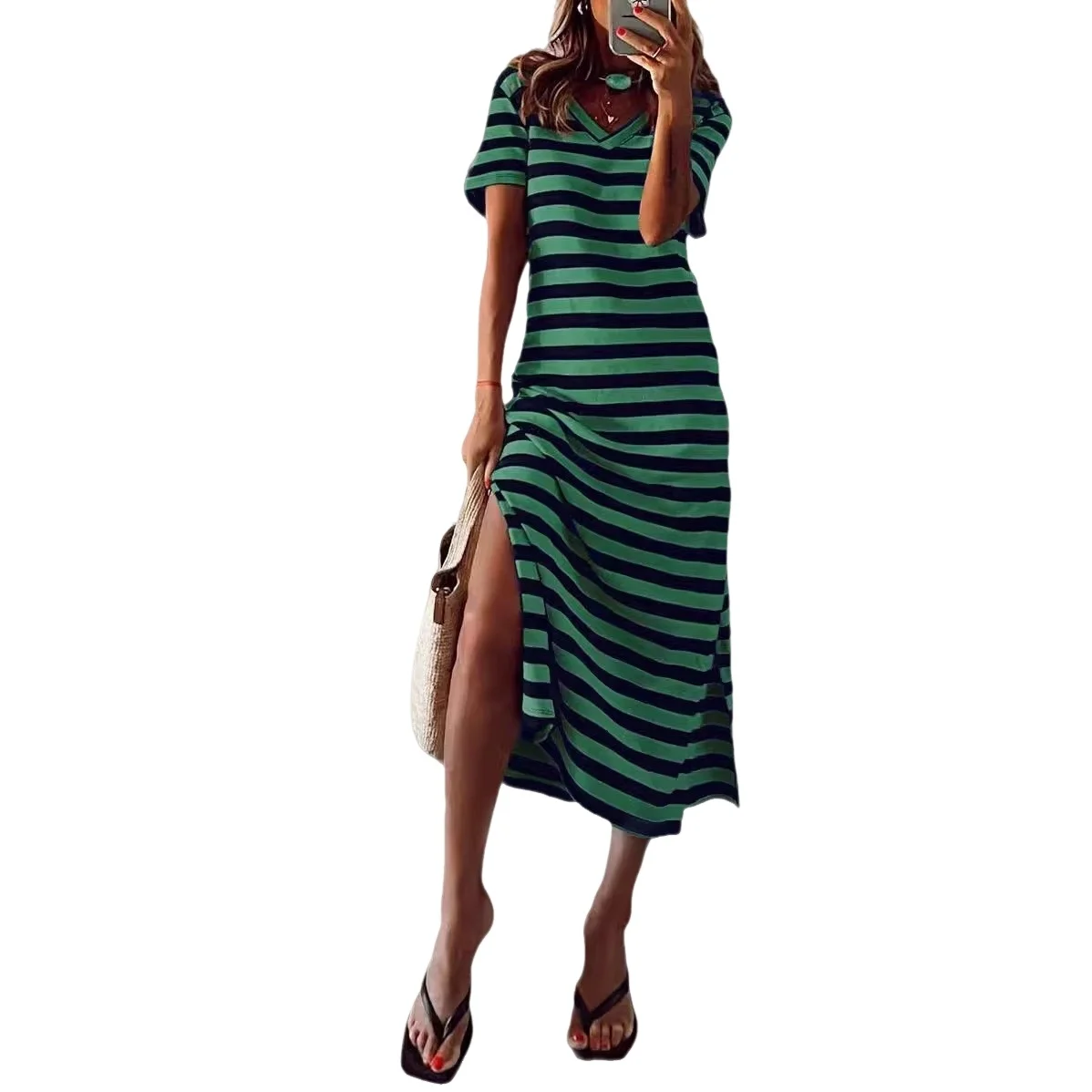 Summer 2025 Women's Loose Svel Striped Straight Dr Street Sle Cotton Polyester A-Line Dr V-Ne Long Dr