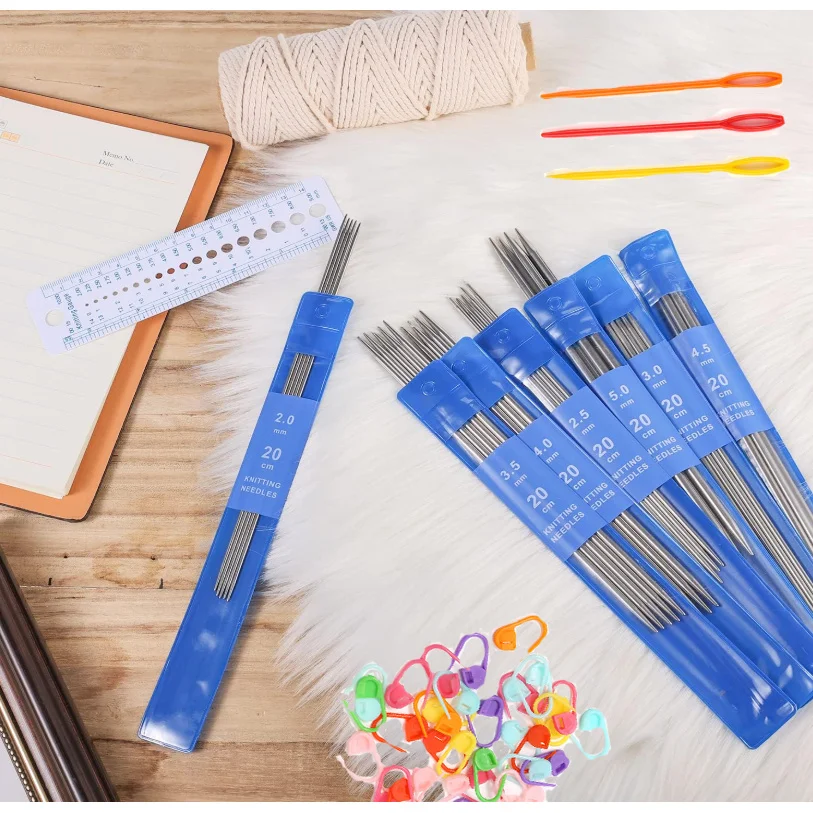 20Cm/7.87Inch Double-Ended Stainless Steel Needles, Including 2/2.5/3/3.5/4/4.5/5.0 Mm, with 1 Ruler, 10 Marking Clips, 5 Plastic Large-Eye Needle Accessories, Knitting Needle Set Suitable for Beginners, Socks, Gloves, Cuff Knitting Needles