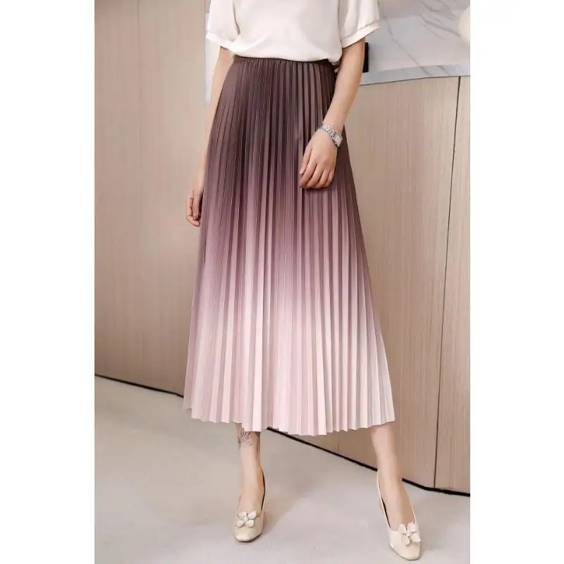 Nova saia gradiente drapeada de alta qualidade feminina nova saia longa de cintura alta saias plissadas alongadas