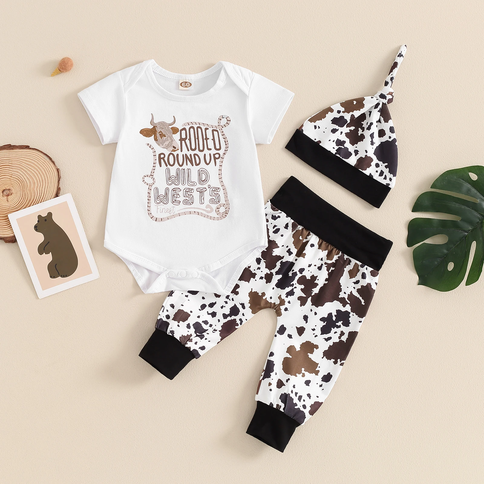 FOCUSNORM 0-12M 2pcs Baby Boys Western Clothes Sets Outfit Cow Letters Print Short Sleeve Romper with Pants Hats