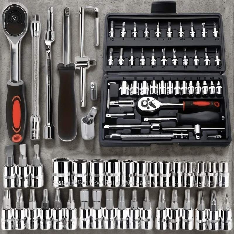 

46Pcs Automotive Tool Set, Carbon Steel Ratchet Wrench & Socket Tool Chest, Sturdy Metal Home Tool Kit for Mechanic and DIYer
