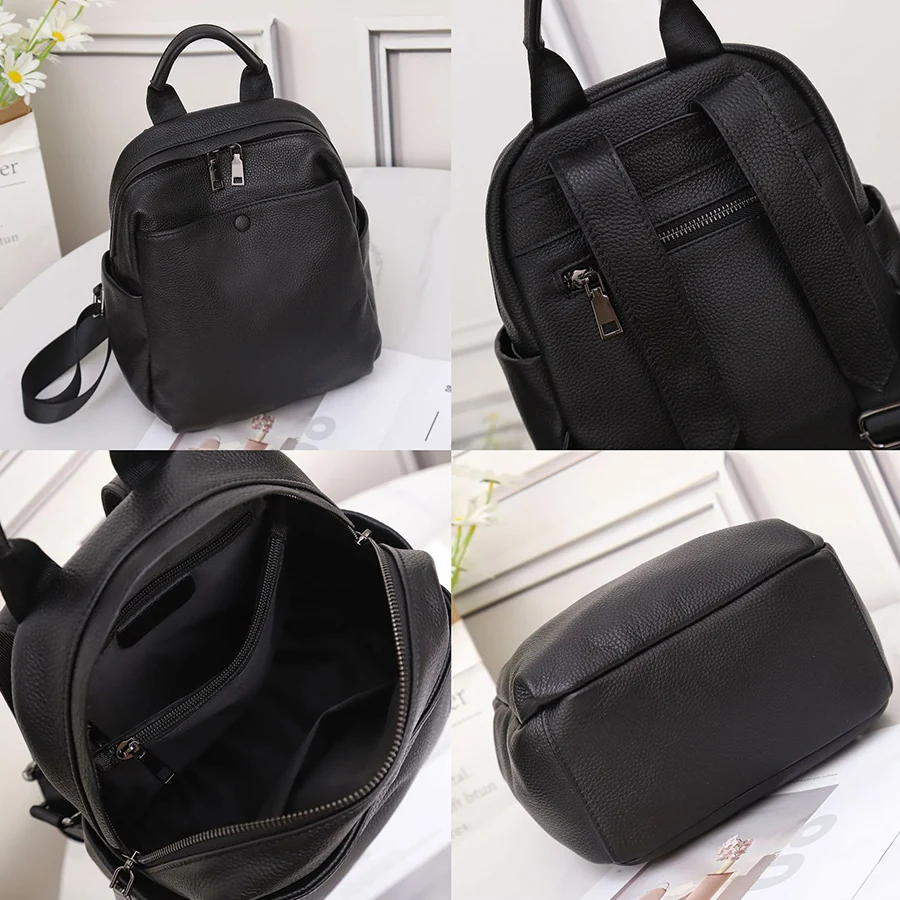 Fashion Soft Real Cowhide Backpack Women/Men Multi Zip Pockets Solid Color Daily Casual College Spacious Knapsack Travel Mochila