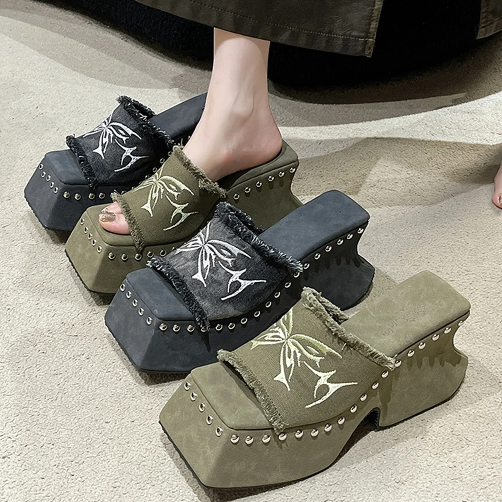 GIGIFOX Platform Sandals For Women Denim Butterfly Fashion Metal Design Fashion Rivet Slip On Punk Sandal Shoes Summer New Goth