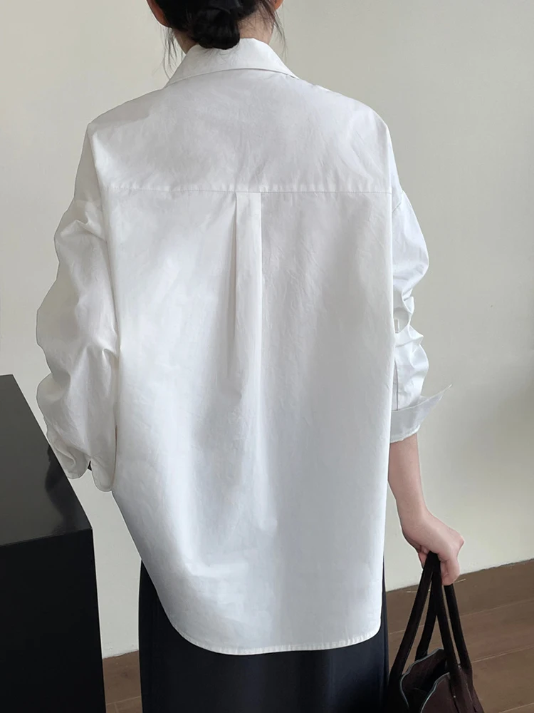 [EAM] Women Blue Irregular Button Pleated Big Size Blouse New Lapel Long Sleeve Shirt Fashion Tide Spring Autumn 2024 1DH7463