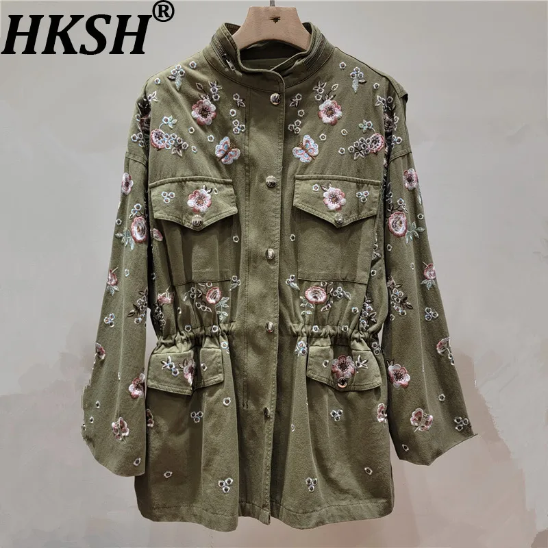 

Женская шикарная куртка HKSH с вышивкой цветов, множеством карманов, на шнурке на талии, элегантный ретро-тренч, новинка весна-осень HK19935