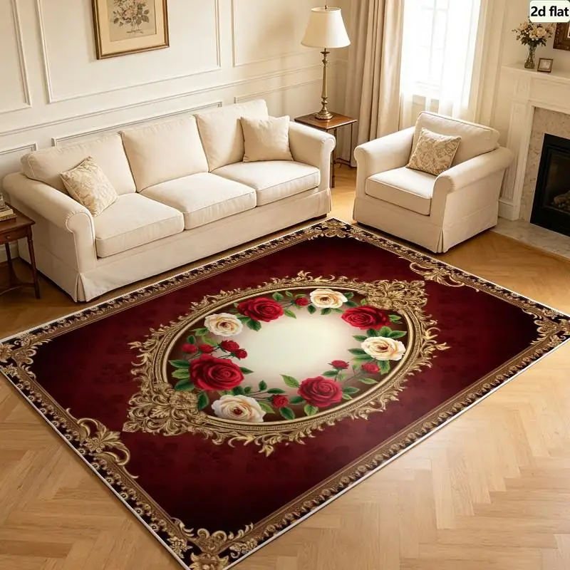 Carpet Flooring Red Square Area Rug Luxury Golden Baroque Frame Rose Floral Wreath Floor Carpet for Indoor