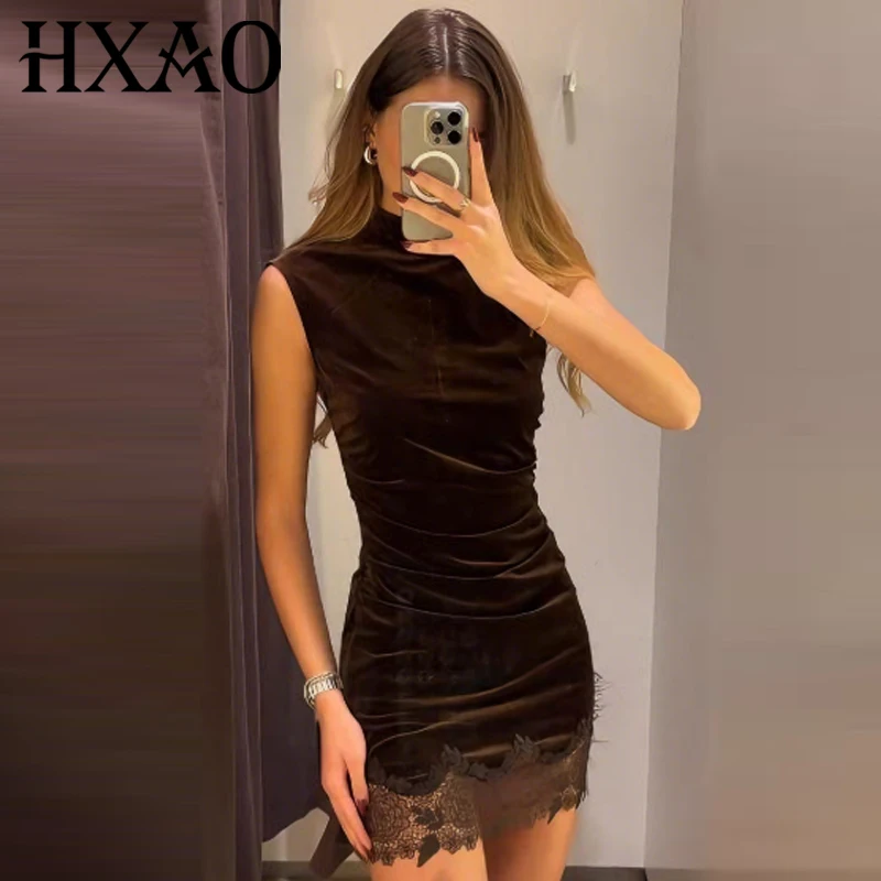 HXAO robe en dentelle de velours robes pour femmes 2025 robes de soirée élégantes Chic marron robe courte à volants col rond sans manches robes Mujer