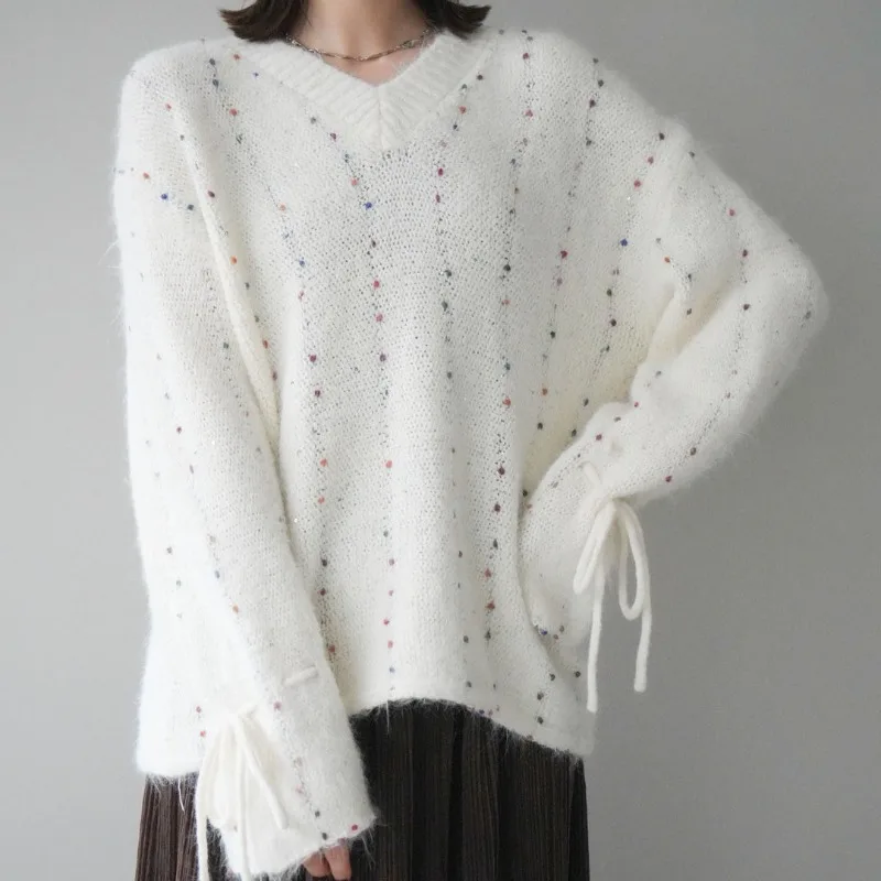 

New Autumn Winter Drawstring Knitted Pullovers Sweater Women Elegant Korean Fashion V-neck Casual Loose Knitwear Tops Pull Femme