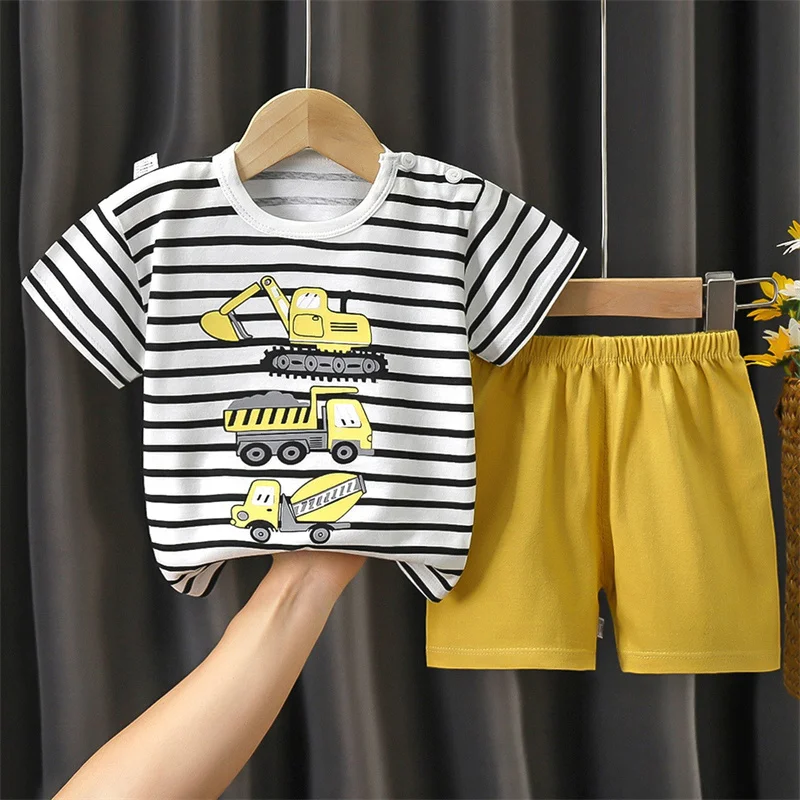 Cotton Stripe Short Sleeve T-Shirt+Shorts 2-Piece Set Summer Baby Boys Cartoon Car Pajama Casual Tracksuit Clothes Suit 0-6 Year