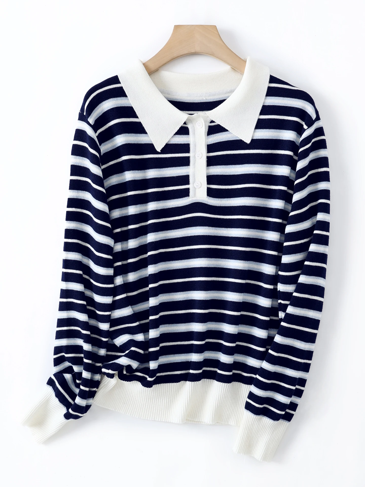 Elegant Fashion Women's T-Shirts Blend Wool Knitwear Spring Autumn Pullover Polo Blouse Striped Sweater Long Sleeve Clothes Tops view 3