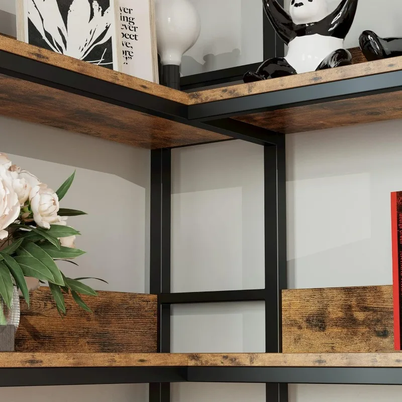 Industrial Bookshelves 5 Tiers Corner Bookcases with Baffles Etagere Shelf Storage Rack