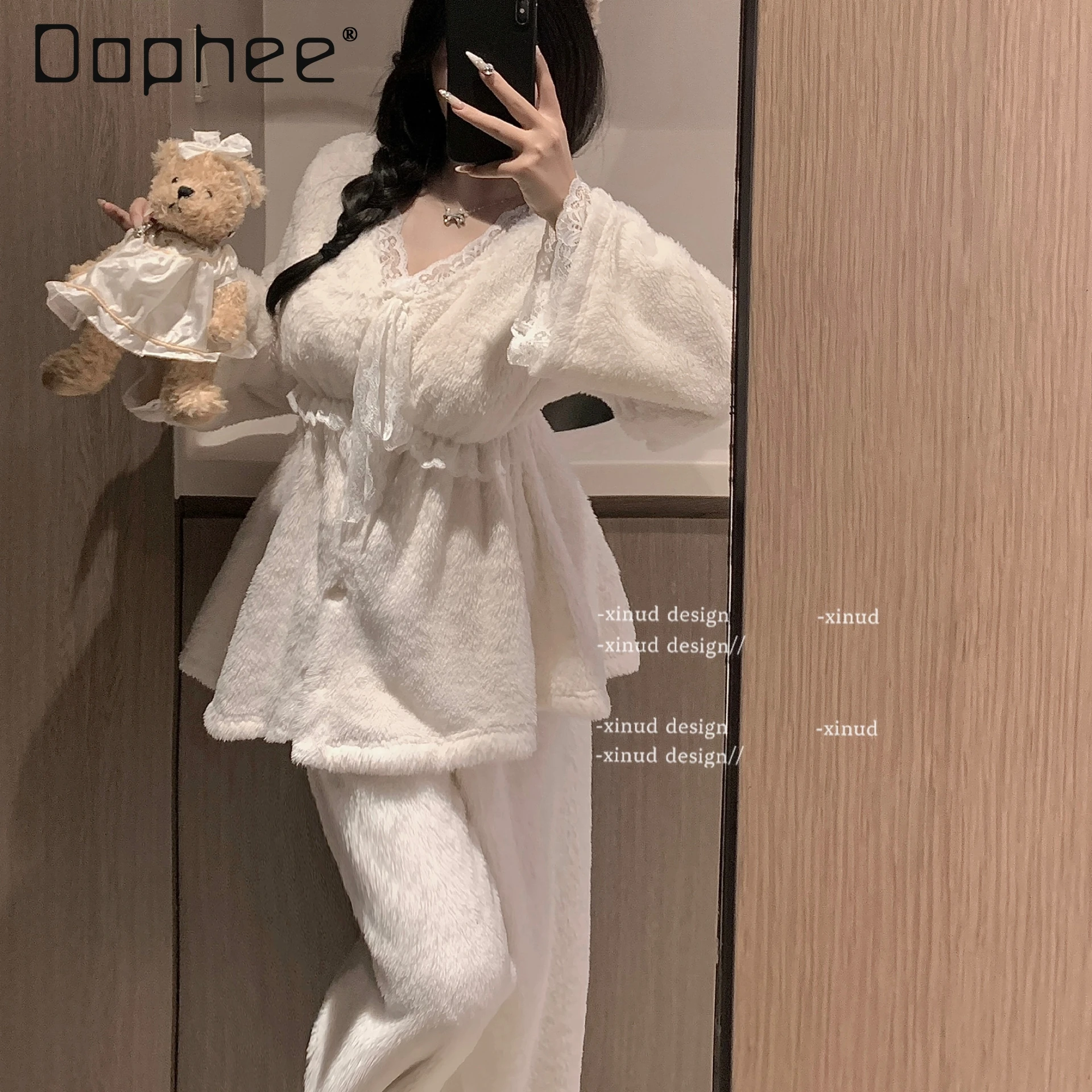 

Sweet White Lace Pajama Sets Women Autumn and Winter Thick Warm V Neck Long Sleeve Single Breast A Line Sleepwear Temperament