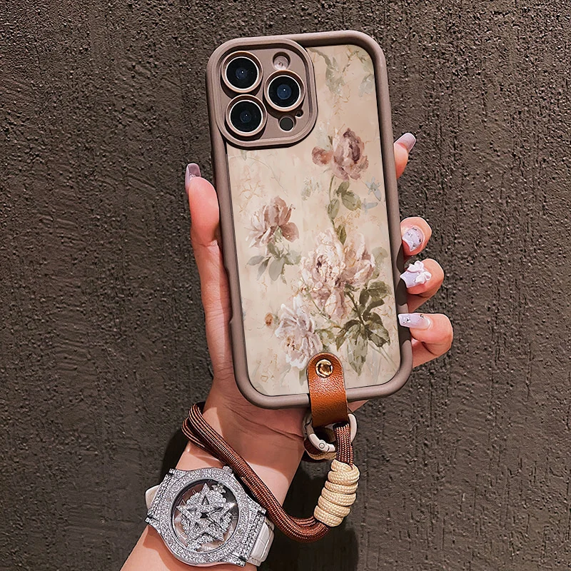 Ölgemälde-Blumenmuster Lanyard-Handyhülle für iPhone 14 15 16 17ProMax 15 14 13 Pro Plus Stoßfeste Matte Silikonhülle – Detail 3