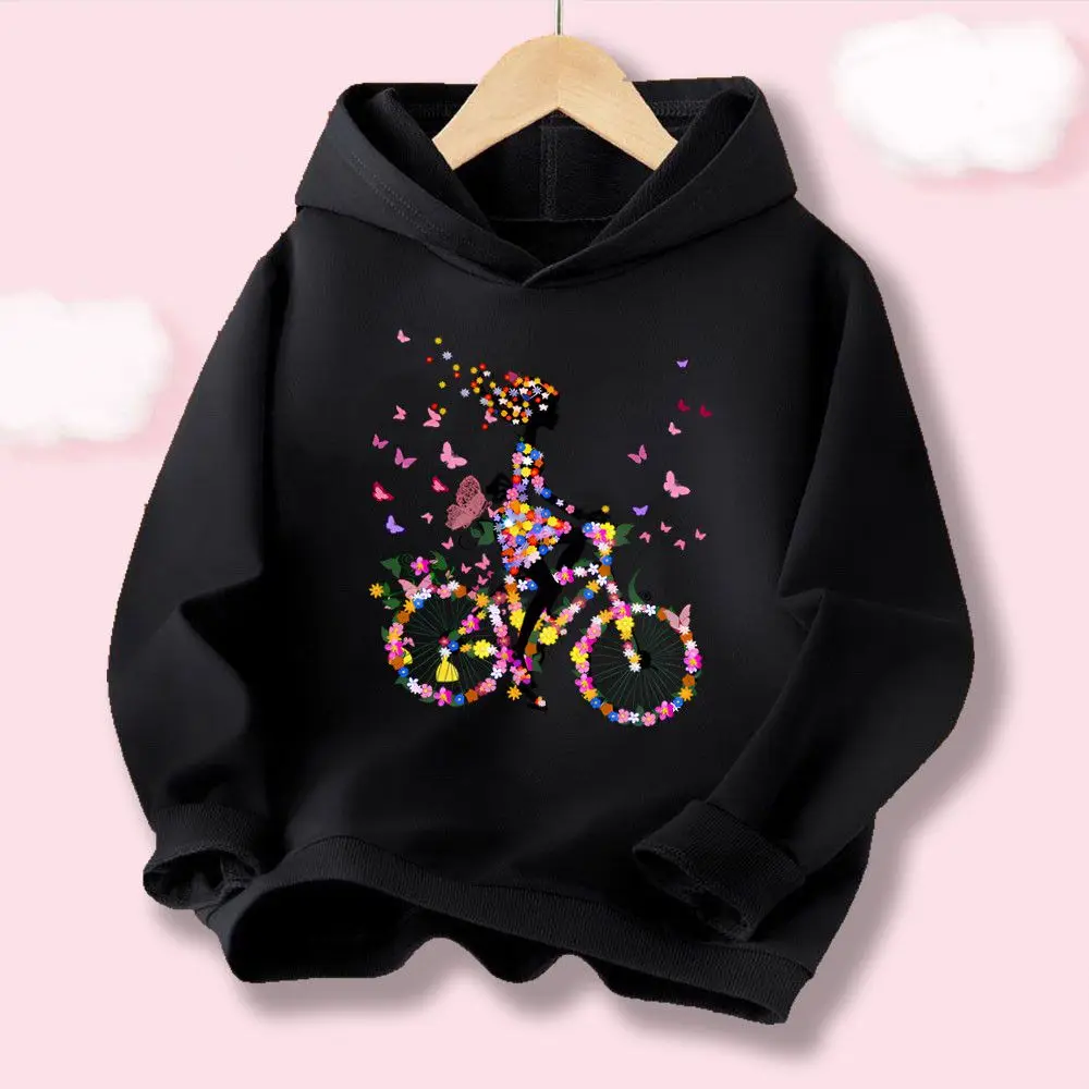 Leichter Kapuzenpullover für Mädchen, Fahrrad-Schmetterling-Blumenmuster, Mädchen-Print, Kapuzen-Sweatshirt, Frühling/Herbst, lässige Oberteile