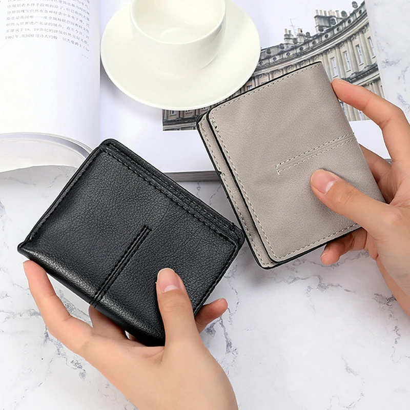 Dompet pendek kulit PU untuk wanita, dompet pendek kulit PU banyak kartu, dua lipat, bagian tipis dengan jepret warna Solid, kapasitas besar