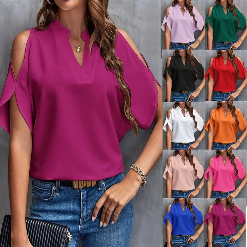 Ladies Office Blouse 2024 New Elegant Women Shirt Sexy V-neck Shirt Off Shoulder Short Sleeve Solid Color Office Summer Blouses