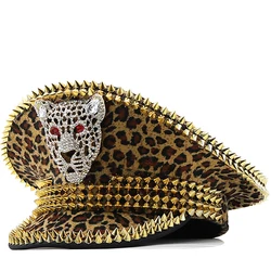 Hip Hop Women Sequin Burning rivet Leopard Military Hat Handmade Luxury Captain Sergeant Hat Rhinestone Bride Festival Part Hat