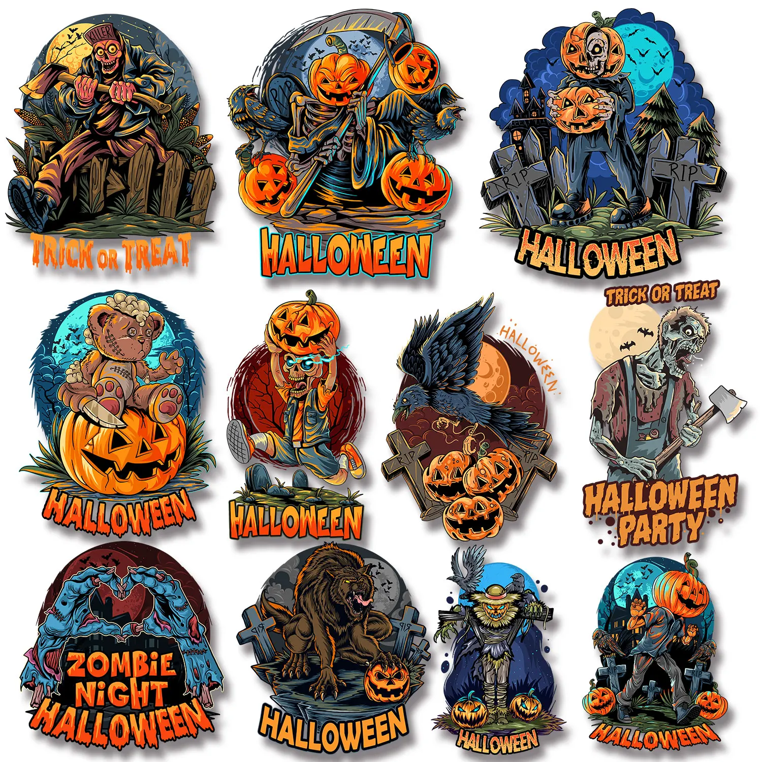 Halloween Trick or Treat Horror Atmosphere Pumpkin Skull Iron on Decals Applique for Cloth Easy to Use DIY Decoration