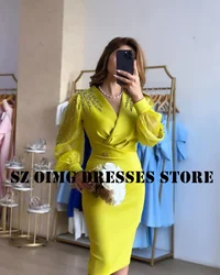 OIMG New Design Satin Customized Beads Prom Dresses Arabic Women Ruched Sheath Puff Sleeves Green  Gowns Formal Party Dress