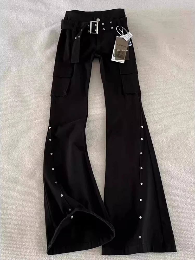 

Black Rivet Splicing Men's Jeans Autumn Winter High Street Design Workwear Straight Leg Bell Bottoms American Style