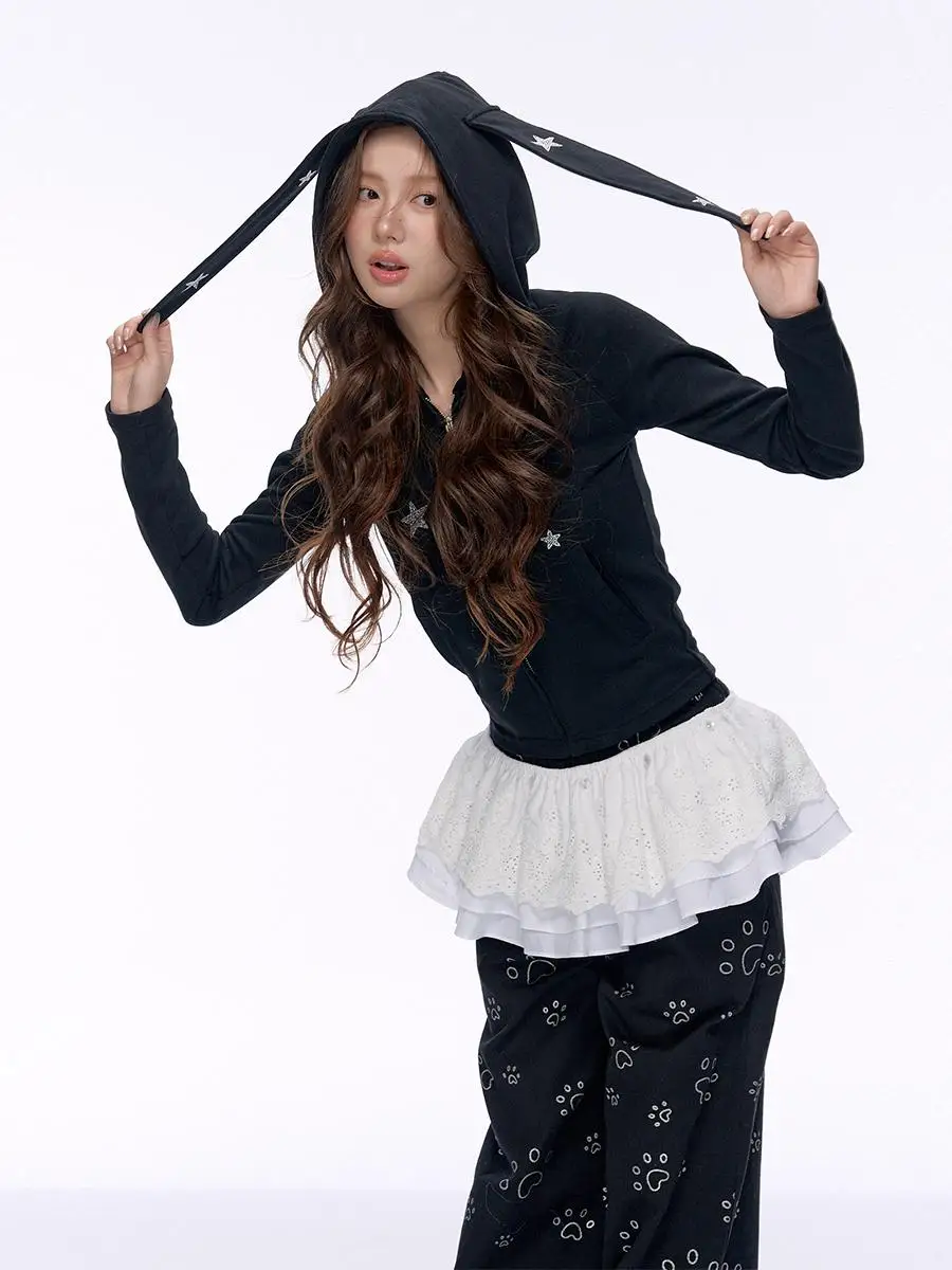 

Bla Star Rabbit Hoodie Slim Fit Sportswear 24Olvides Long Sve Cotton Polyester Ladies Sweatirt with Ear Design