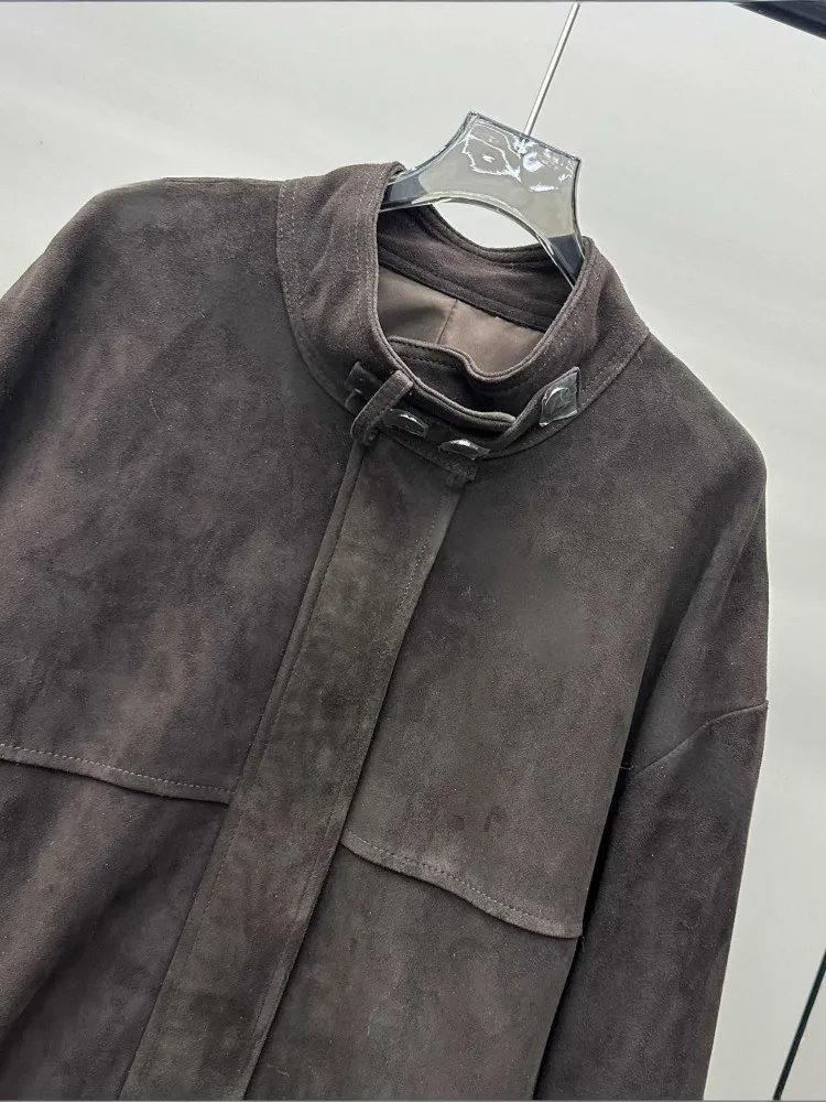 المرأة الخريف Vintage سترة جلدية حقيقية الوقوف طوق فضفاضة تناسب عالية الجودة جلد الغنم الحقيقي معطف من جلد الغزال الشارع الشهير ملابس خارجية