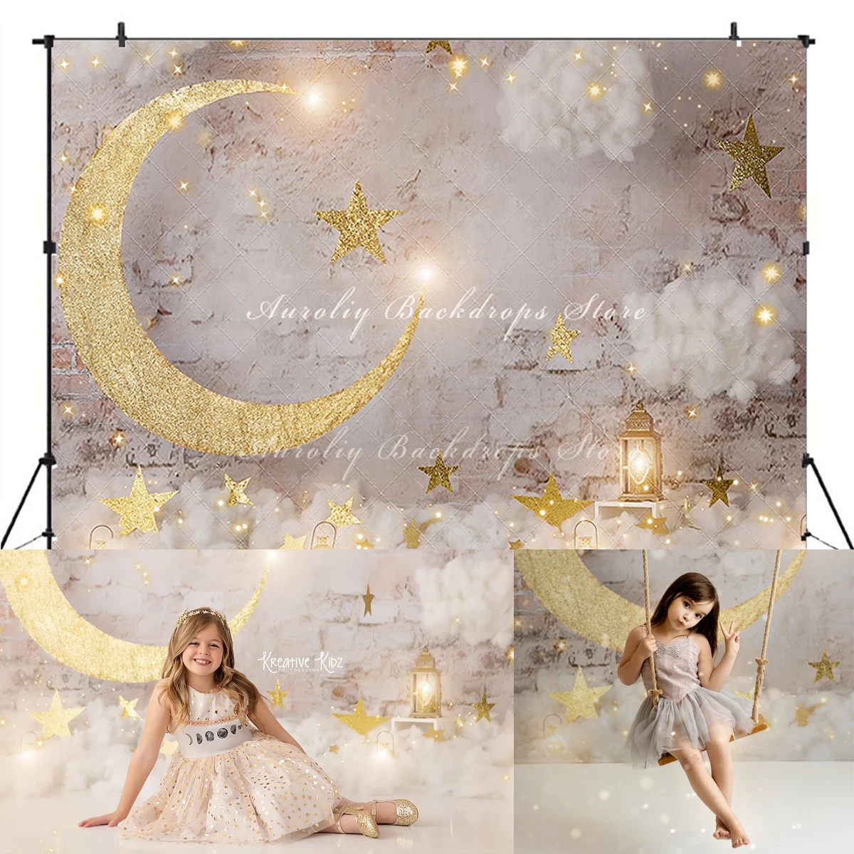 

Crescent Moon Backdrops Kids Girl Photography Props Child Baby Cake Smash Birthday Photocall Decors Gold Stars Swing Background