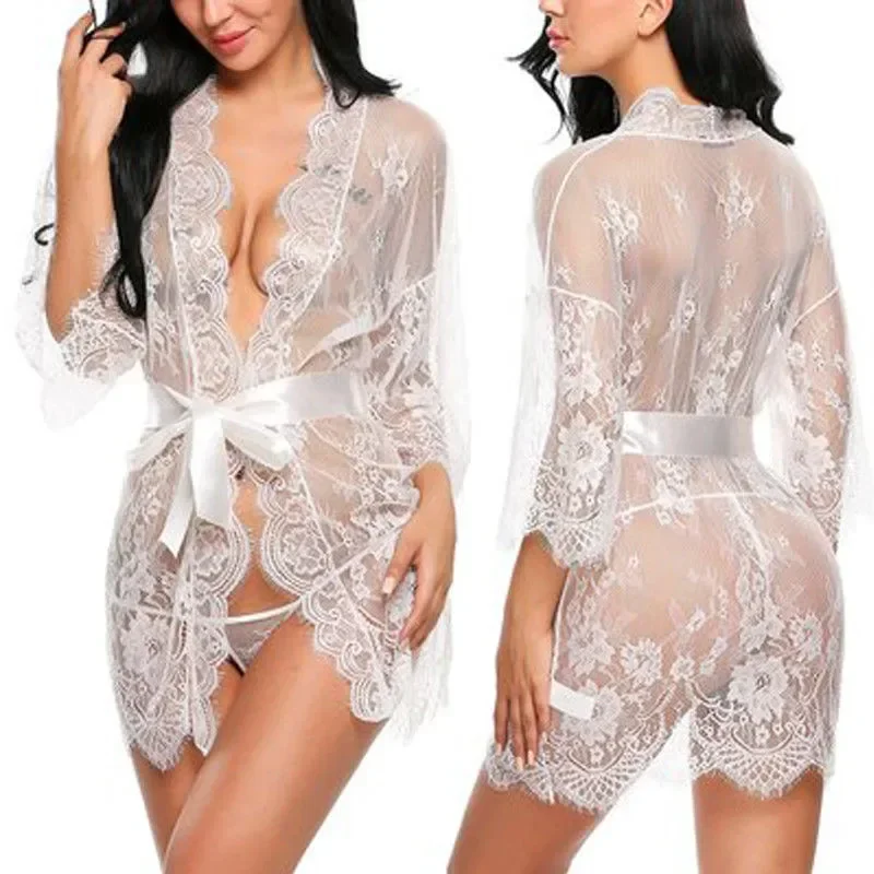 Erotic Transparent V-Neck Nightwear Women Lingerie Babydoll G-string Costume Kimono Robe Lace Sleepwear Sexy Dress