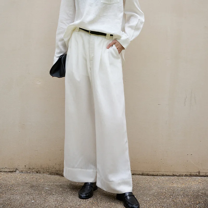 Jesienne lniane spodnie damskie Proste Spodnie z wysokim stanem i szerokimi nogawkami Moda vintage Streetwear Casual Luźne spodnie biurowe dla kobiet Chic Bottoms