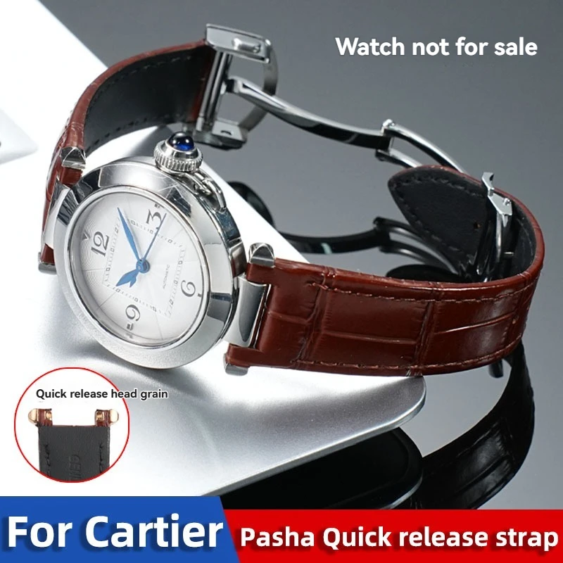 Luxury Quick Release Watchband for Cartier PASHA WSPA0013/WSPA0012/W2PA0014, 19*12mm Built-in Steel Leather Strap Bracelet with