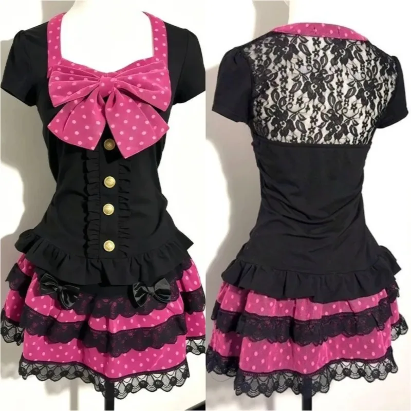 Y2K Französisches Elegantes Retro Gothic Lolita Figurbetontes Minikleid mit Spitze, Rüschen und Schleife für Damen, Sommer-Outfit für Alltag, Brunch und Gartenparty