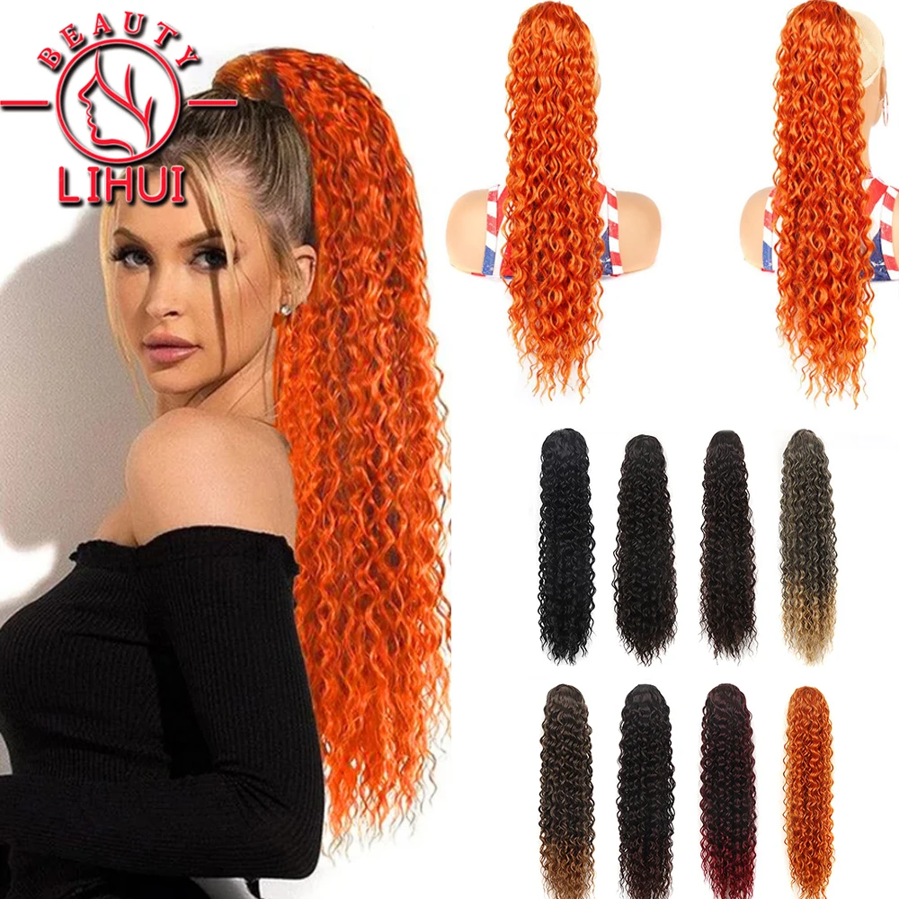 

LIHUI Curly Ponytail Extension Kinky Curly Hairpiece16/22/30Inch Soft Long Drawstring Water Wave Synthetic Ponytail for Women