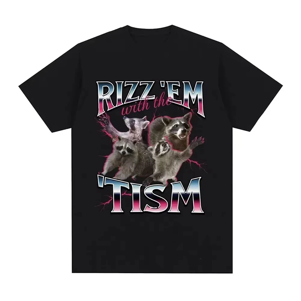 Rizz Em with The Tism Autism Racoon T-shirt Summer Casual Fashion Short Sleeve T-shirt Women's Breathable Cotton Round Neck