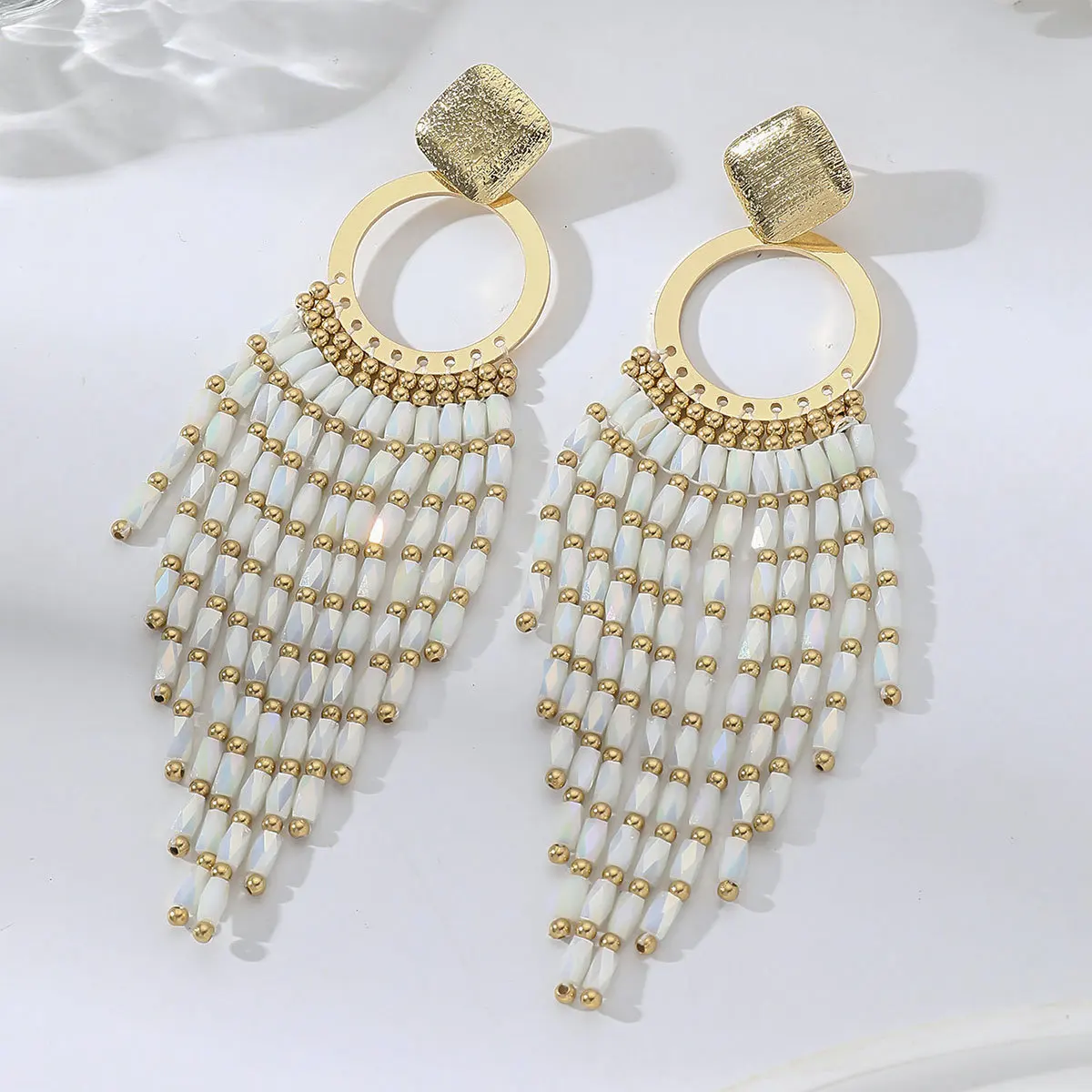 비즈 귀걸이 수공예 원형 보헤미안 합금 태슬 크리스탈 기하학 트렌드 심플 여성 쌀알 비즈 귀걸이