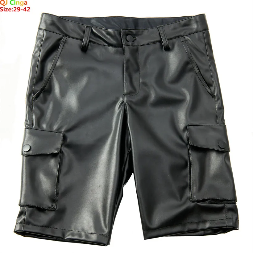 Summer Thin Section Black Stretch Leather Shorts Men's Work Style Shorts Red White Blue PU Pants Male Five-point Pants 29-40 42