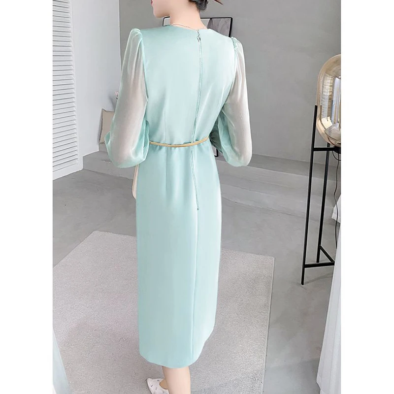 Summer Elegant Fashion Buttons Bodycon Slit Dress Office Lady Long Sleeve Patchwork Temperament Dress Women Vocational Vestidos