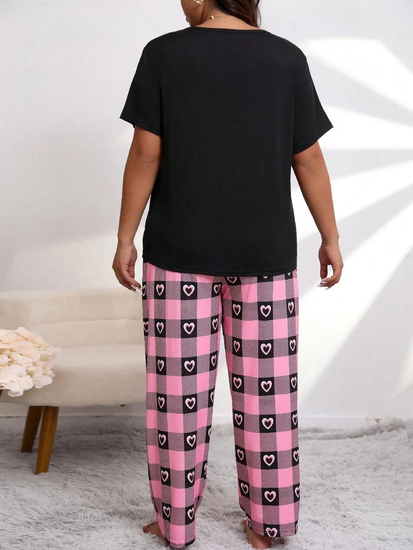 Women\'s Plus Size Sleepwear Heart Print Short Sleeve Tee With Trousers Pajama &Women Ladies Short sleeve and Pants Lounge Wear