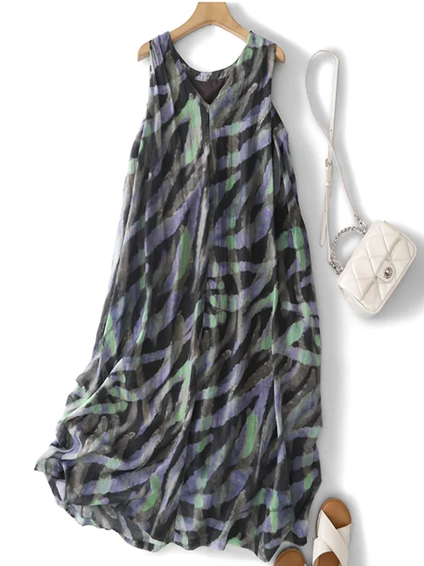 

Summer Artistic Style Loose Fit High Waist Long Dress Women's plus Size Sleeveless Overhead Vest Dress Slimming Effect