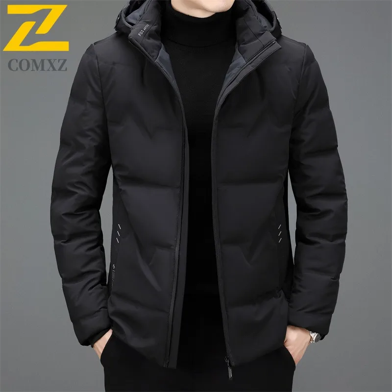 COMXZ Premium Mens Puffer Coat 2025 Hooded Office Commute Warm Lightweight Parka Business Casual Winter Travel Windproof Coat