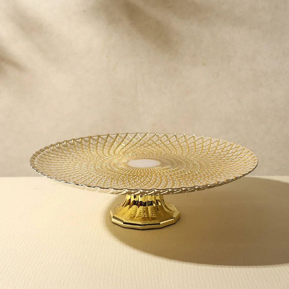 HYS European light luxury glass tall fruit plate living room electroplated candy plate large