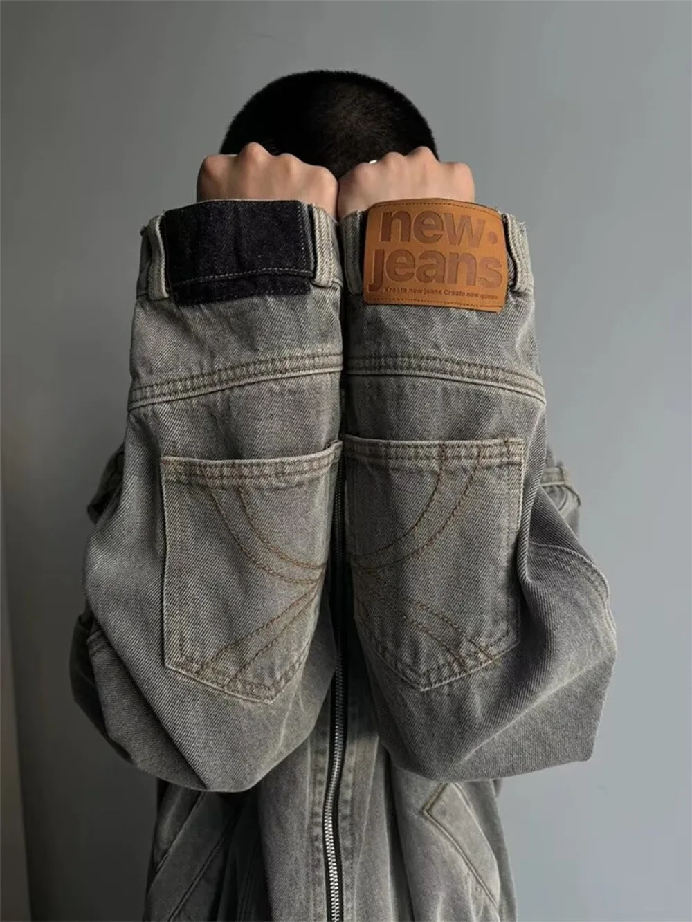 AW American-style High-street Women's Jacket Trendy Brand, Deconstructed Washed Heavy-duty Reversed Split Loose Denim Jacket