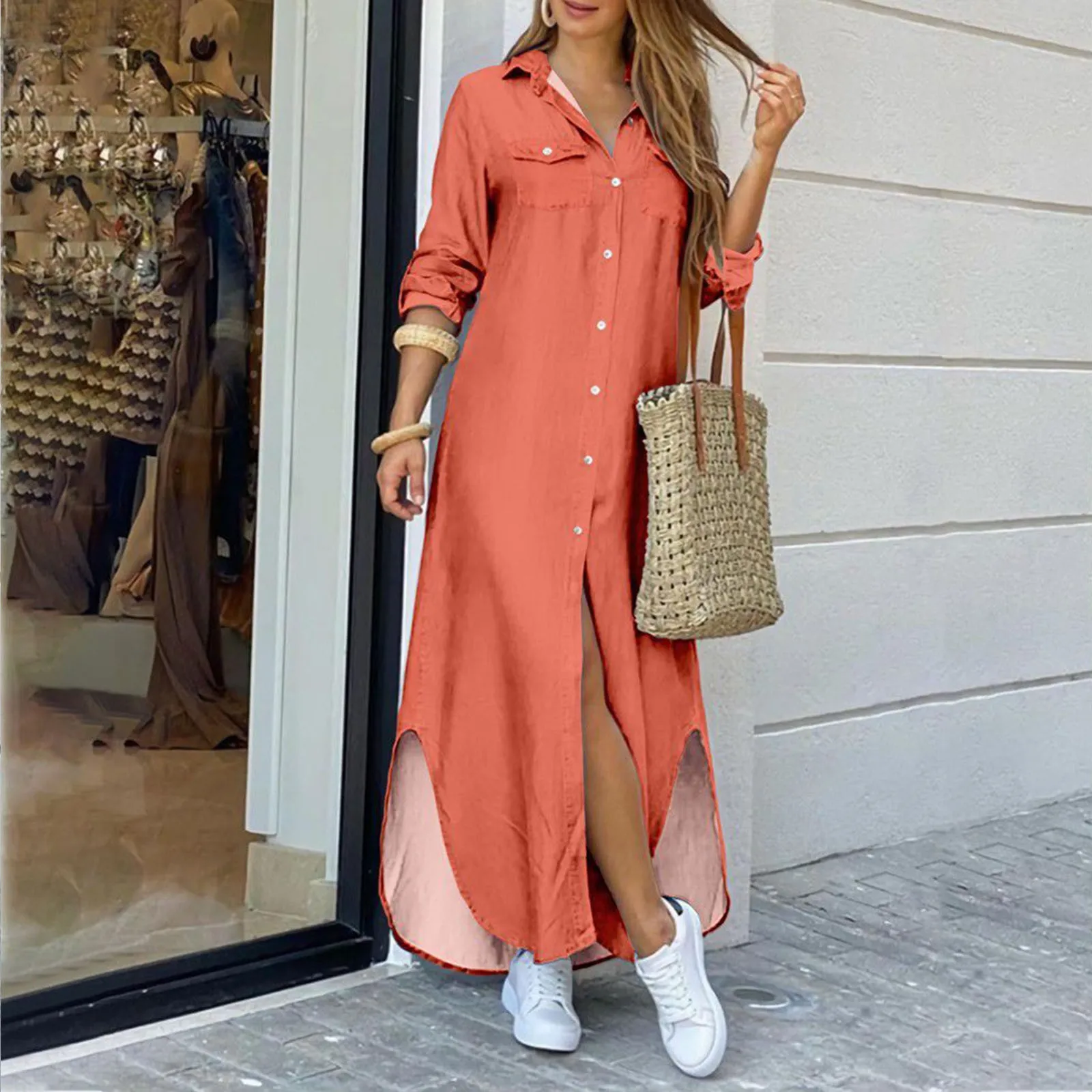 

Cardigan Dress Casual Irregular Women Maxi Dress Summer Solid V-Neck Long Sleeve Ladies Dress Button Holiday Vintage Streetwear